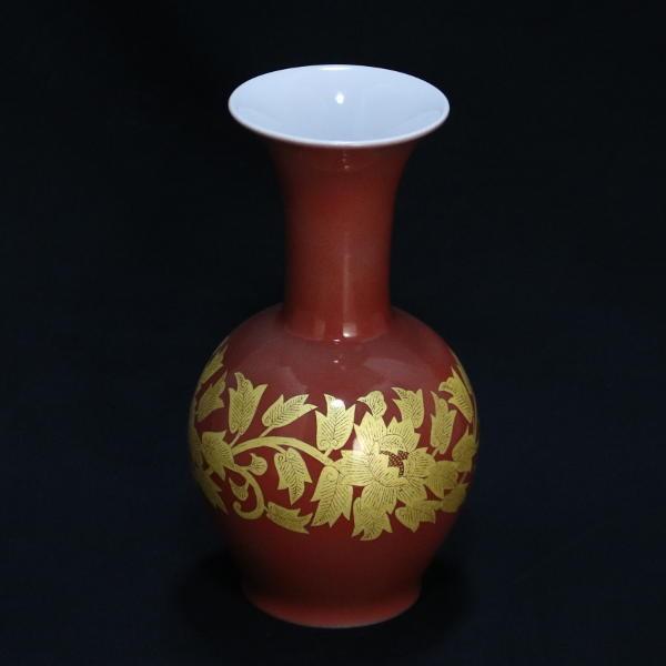 吉田美統【人間国宝】九谷焼花瓶 朱地釉裏金彩牡丹唐草 [花器 花生け