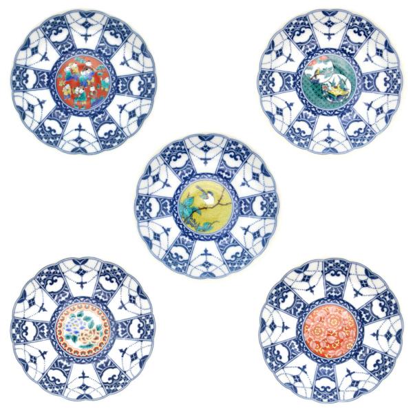 九谷焼 青風窯4号皿揃（5枚セット） 瓔珞紋時代画風SH-01 : 北山堂