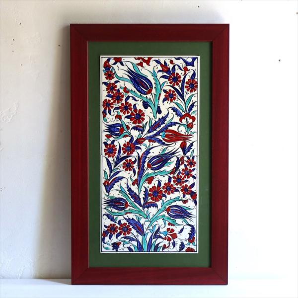 トルコ陶器 手書きタイル 2枚額 H52.5×W32×D1.5cm チューリップと