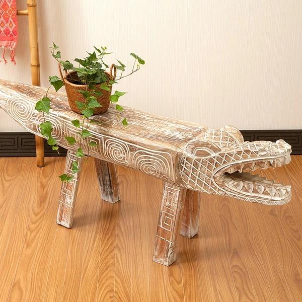 ワニ 置物 木製 ベンチ 鉢置 アジアン アンティーク オブジェ 木彫り