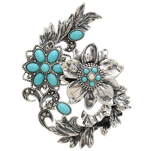 碌山 ターコイズ オパール アカンサスとフラワー ブローチペンダント