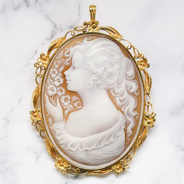 シェル カメオ ブローチペンダント K18YG 緻密な彫刻が美しい