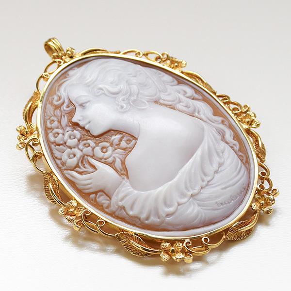 シェル カメオ ブローチペンダント K18YG 緻密な彫刻が美しい