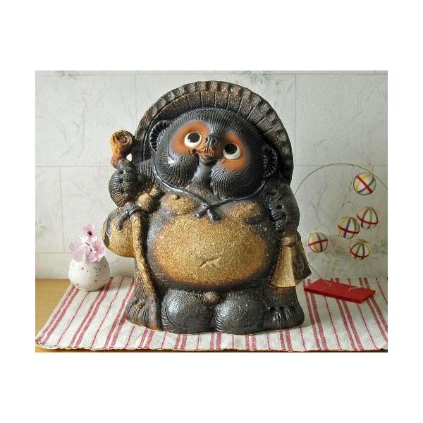 信楽焼】陶器製タヌキ像 杖付き 招福開運 H28㎝ 現品中古 信楽焼】陶器