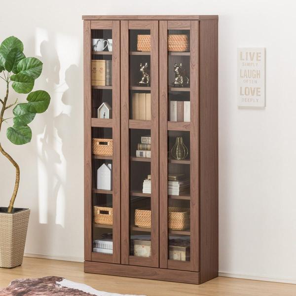 ニトリ ガラス扉付き本棚 ダークブラウン 可動棚 下段スライド式