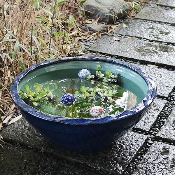 和 アジアン 青緑色 花模様 丸型 水槽 陶器 金魚 メダカ 和 アジアン