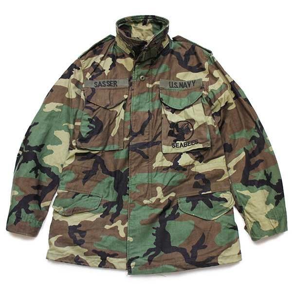 90s 米軍 U.S.NAVY SEABEES パッチ & 刺繍 ウッドランドカモ M-65