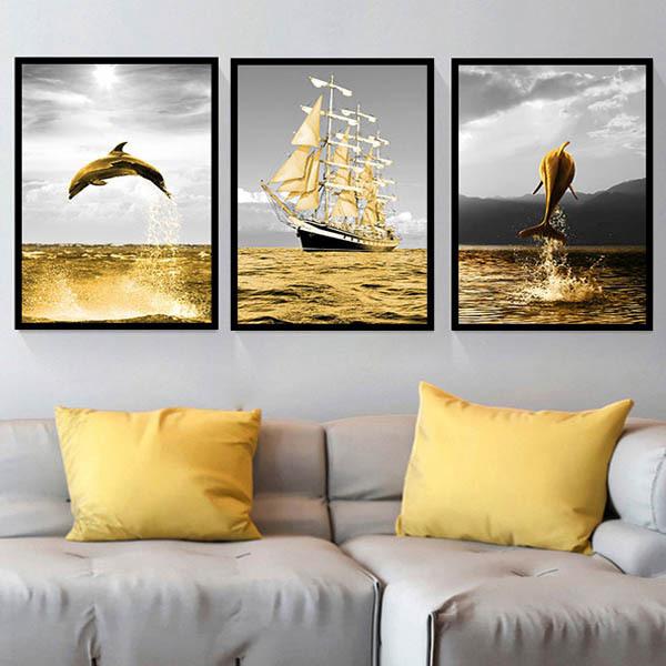 3枚セット 33×43cm アートパネル 枠付きフレーム絵画 金色の海 イルカ