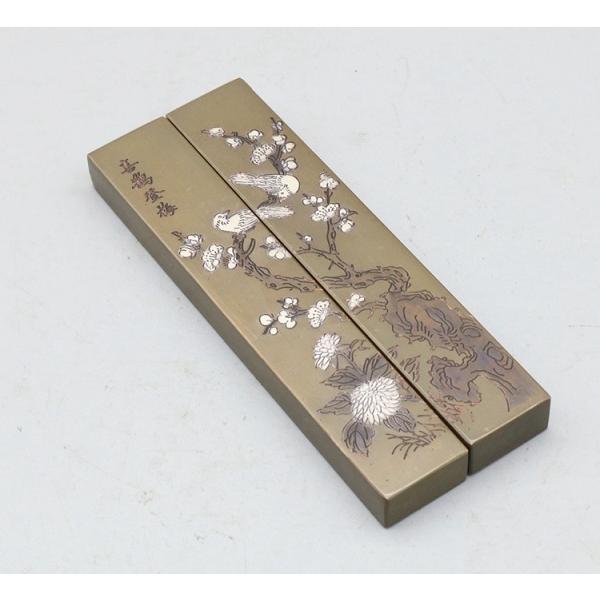 書道文鎮 黄銅製 一対 2本組み 真鍮文鎮 喜鵲登梅 : 書道用品 緑風店