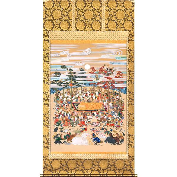 掛軸 釈迦涅槃図 大幅軸 紙本 彩色 仏画 仏教美術 年代物 時代物 合
