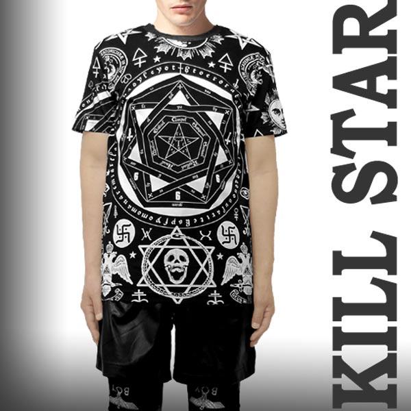 ユニセックス,カルトシンボル総柄Tシャツ！黒,KILL STAR,ロック