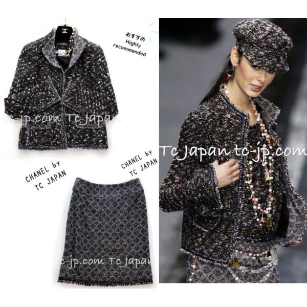 シャネル CHANEL ツイード カメリア フラワー スカート 40サイズ 黒
