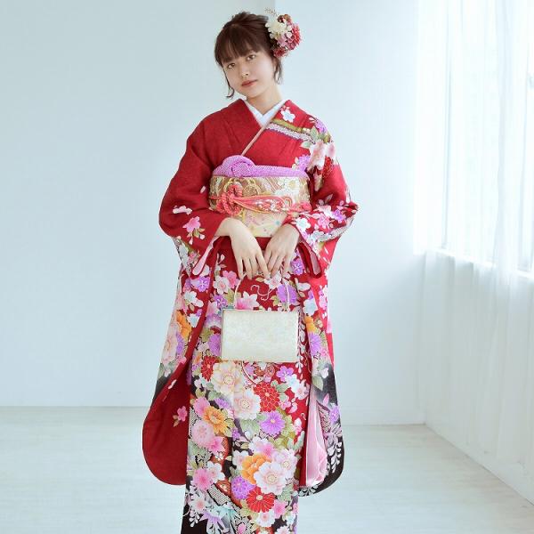 振袖 レンタル 成人式 21点セット レトロ 成人式セット 花 赤系 正絹
