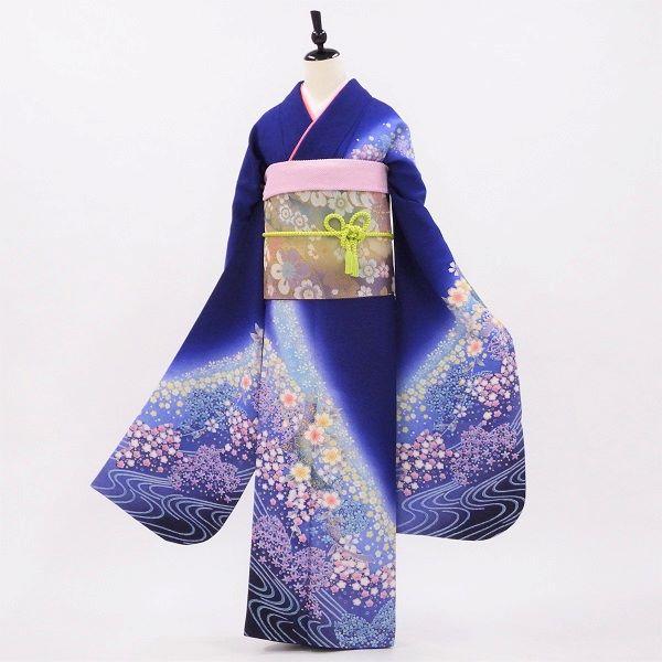 中古】正絹 振袖 フルセット 販売6点セット ロイヤルブルー 桜の天の川