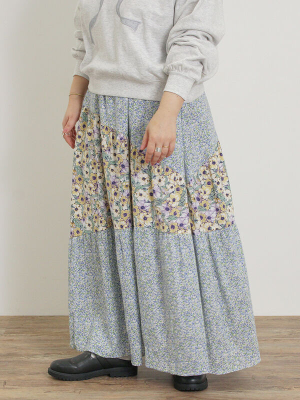 セール】 花柄パッチワークティアードスカート（イエロー/ブルー