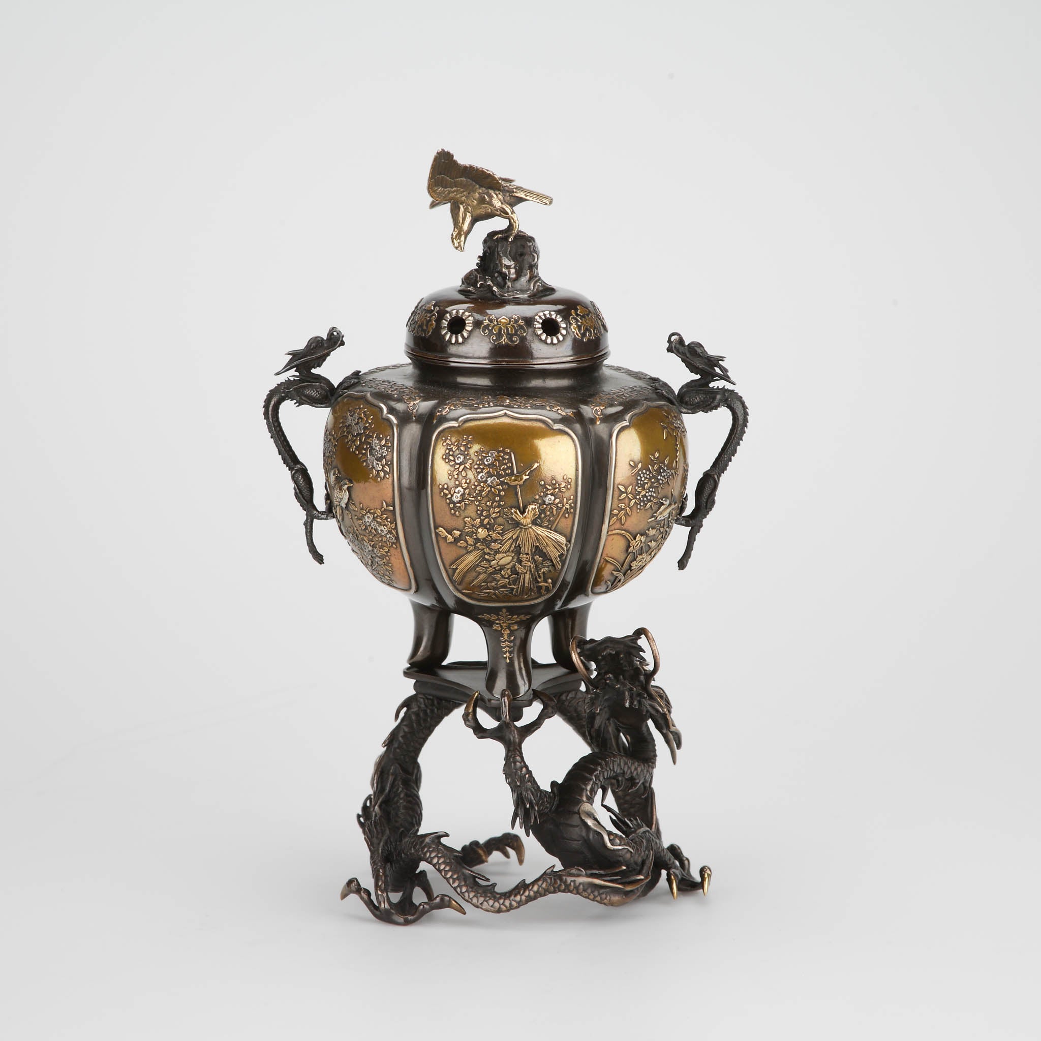 高岡銅器 香炉 | 菊割 龍台付 彩色 | 銅 | 喜泉堂