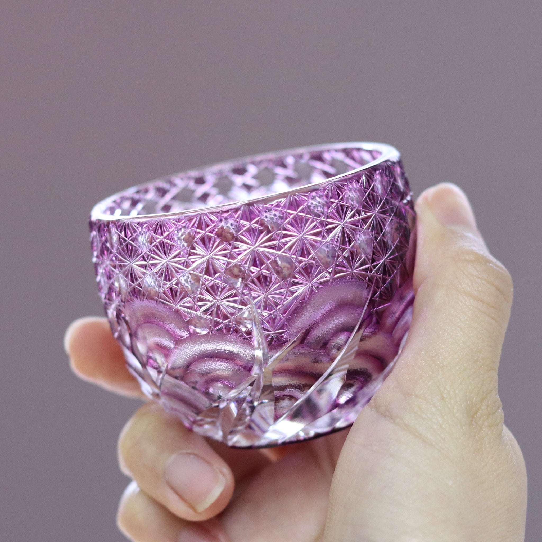 江戸ガラス 型吹きガラスあわび型皿 紫 ギヤマン びいどろ