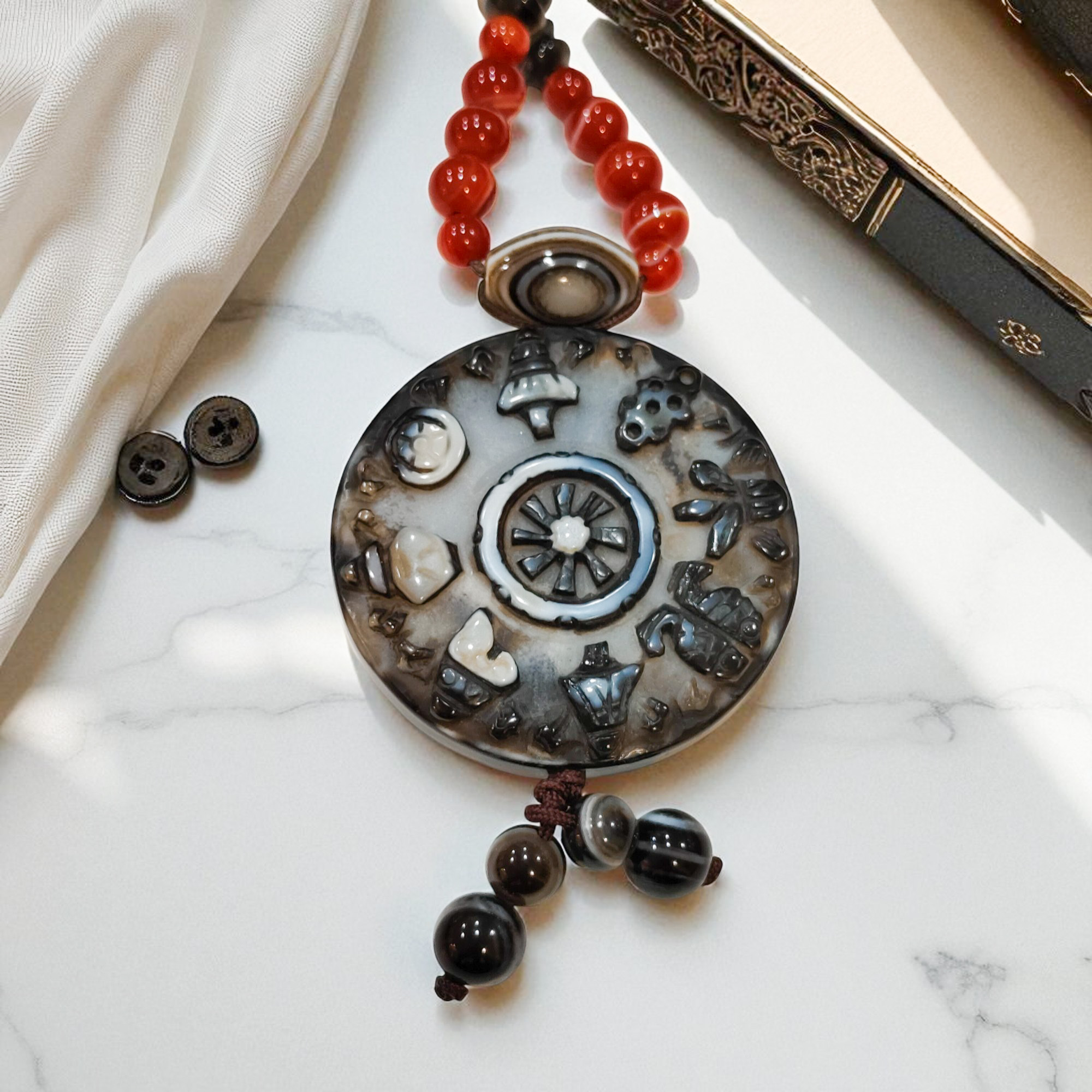 天然瑪瑙雕八吉祥天眼天珠» 振晶店翡翠珠寶