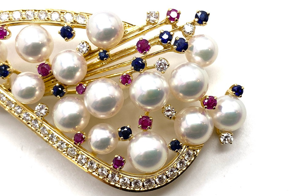 アコヤ真珠 サファイア ルビー エメラルド ブローチ 蝶 K18 silver