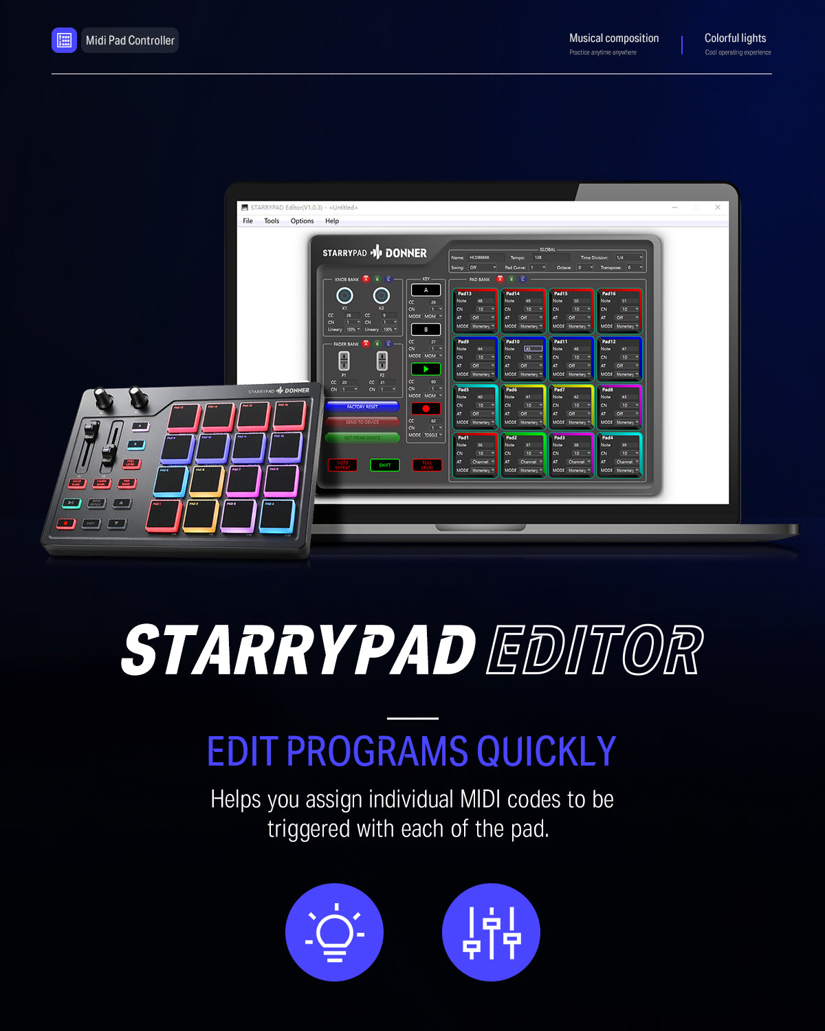 STARRYPAD 16パッドMIDIコントローラー音楽制作初心者向け Donner