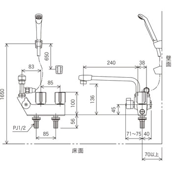 KF207N デッキ型一時止水付2ハンドルシャワー(左側シャワー)240mm