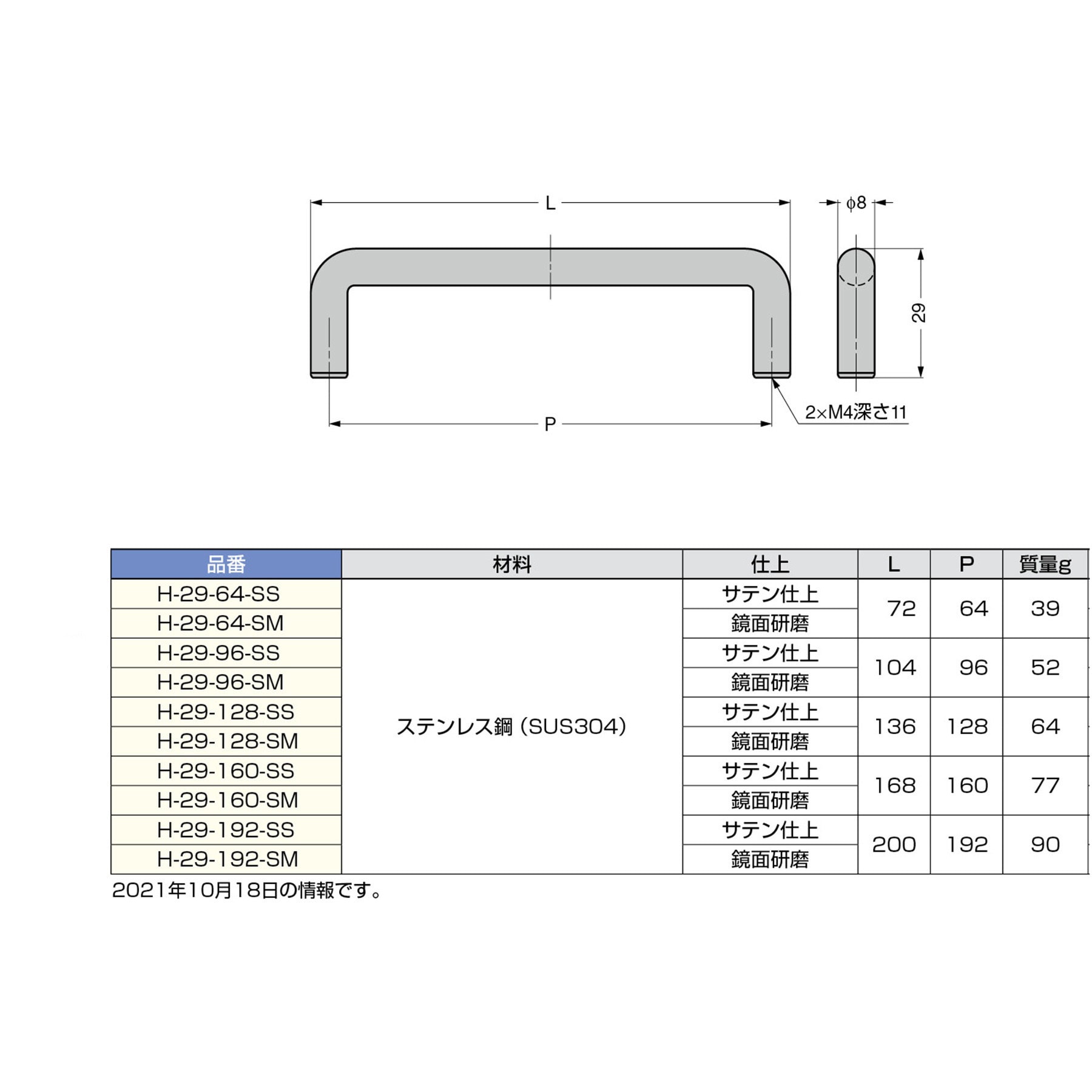 H-29-192-SS ステンレス鋼製ハンドル LAMP(スガツネ工業) サテン仕上