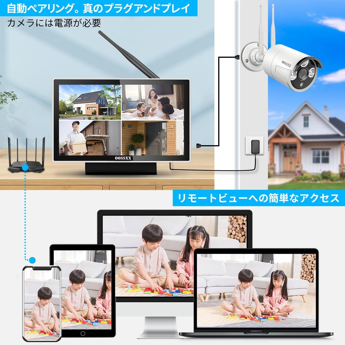 300万画素 ワイヤレス防犯カメラセット4台 1TB HDD内蔵 家庭用 屋外