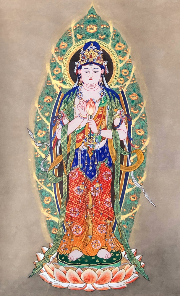 KK002. 中国人画家 【江雲】「観世音菩薩造像」水墨画 紙本 軸装 共箱