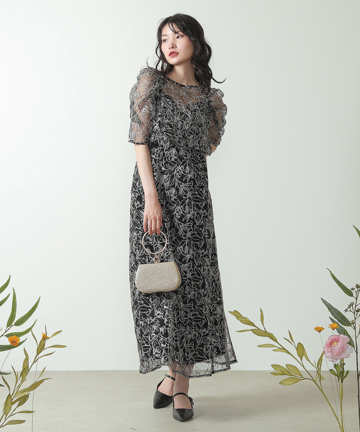 花柄刺繍 レースボレロ キャミワンピース 2点セット ドレス