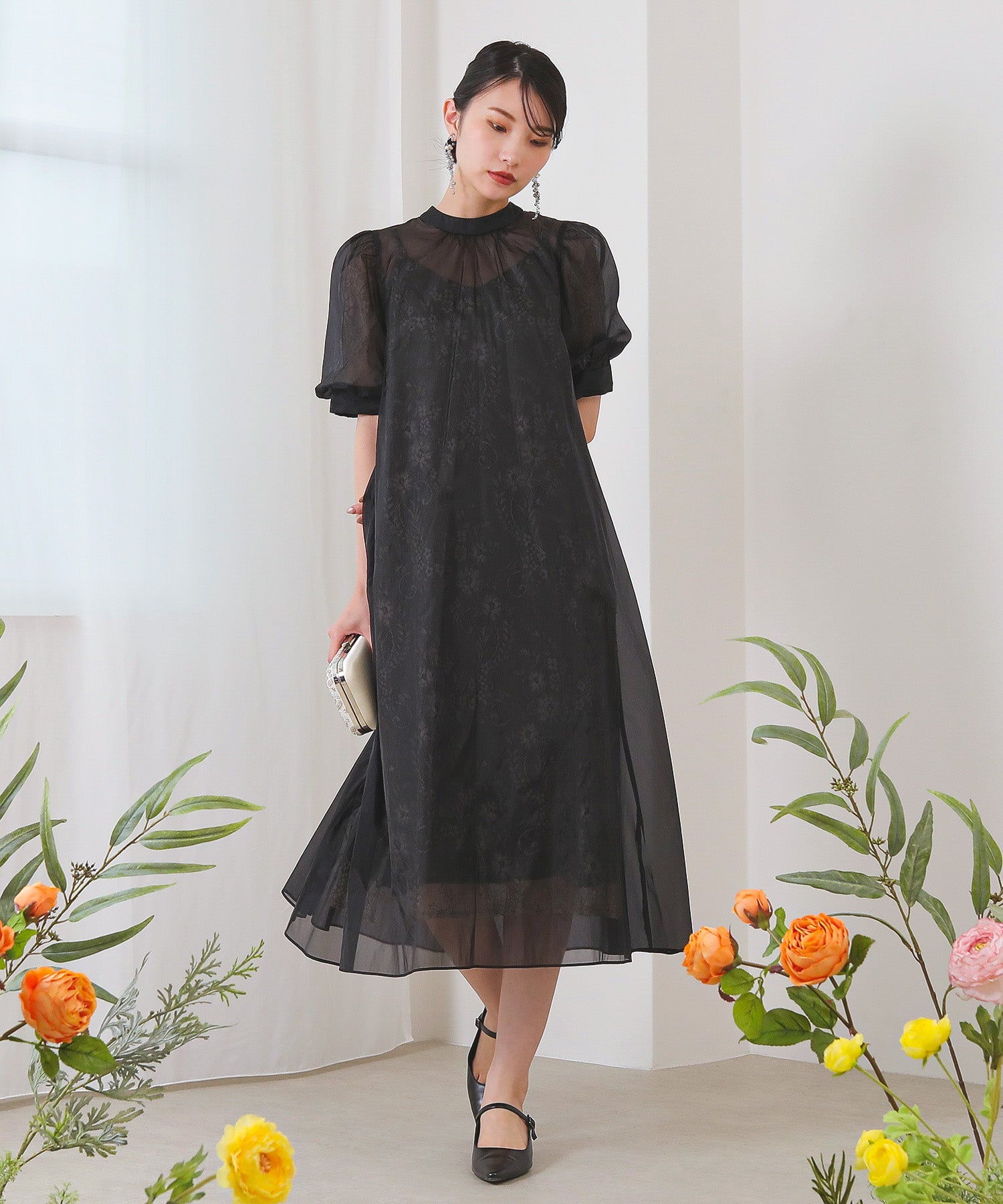 Aライン シアー オーバー ワンピース パーティードレス