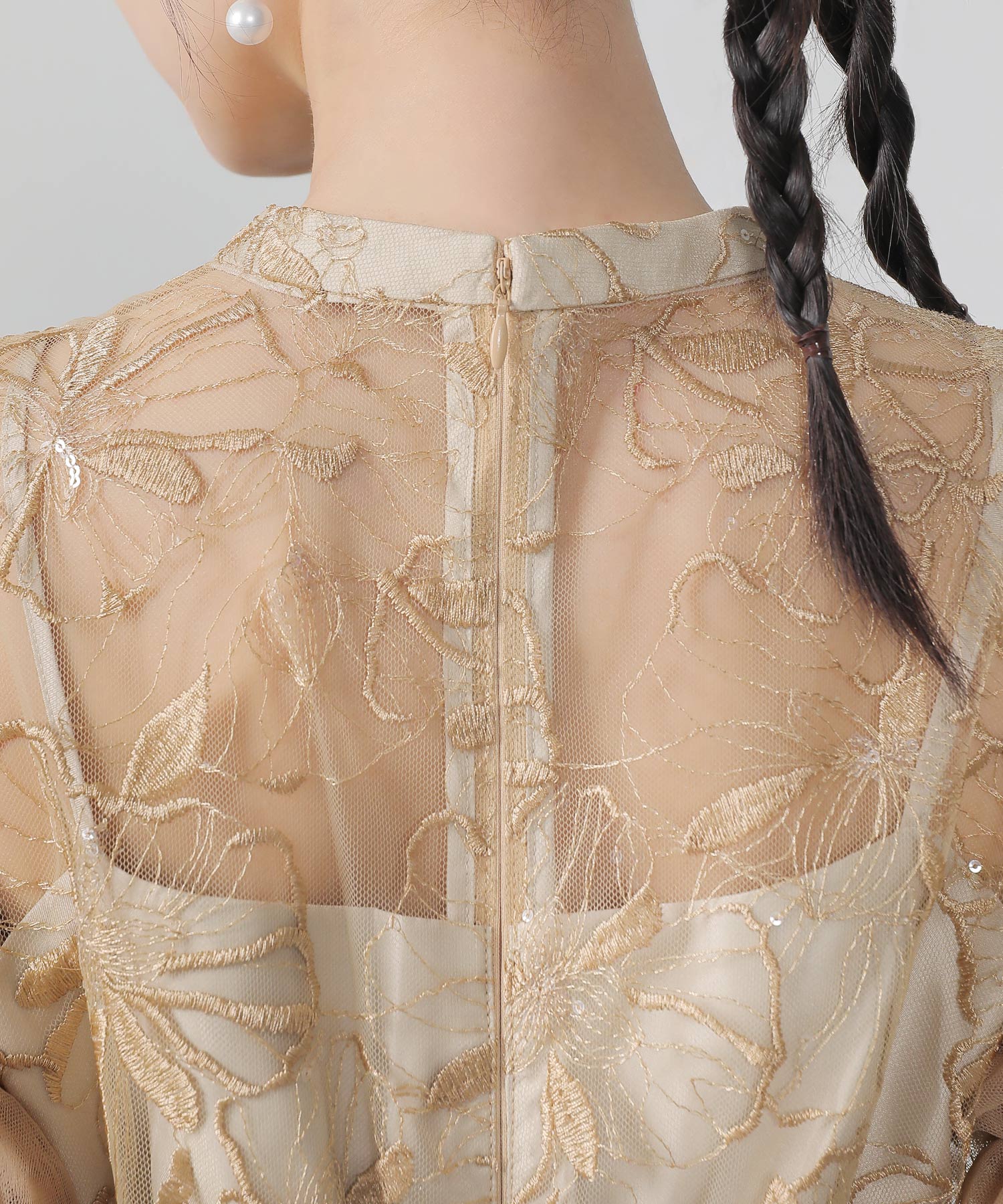 チュールフリルスリーブ スパンコール 刺繍レース パーティー ドレス