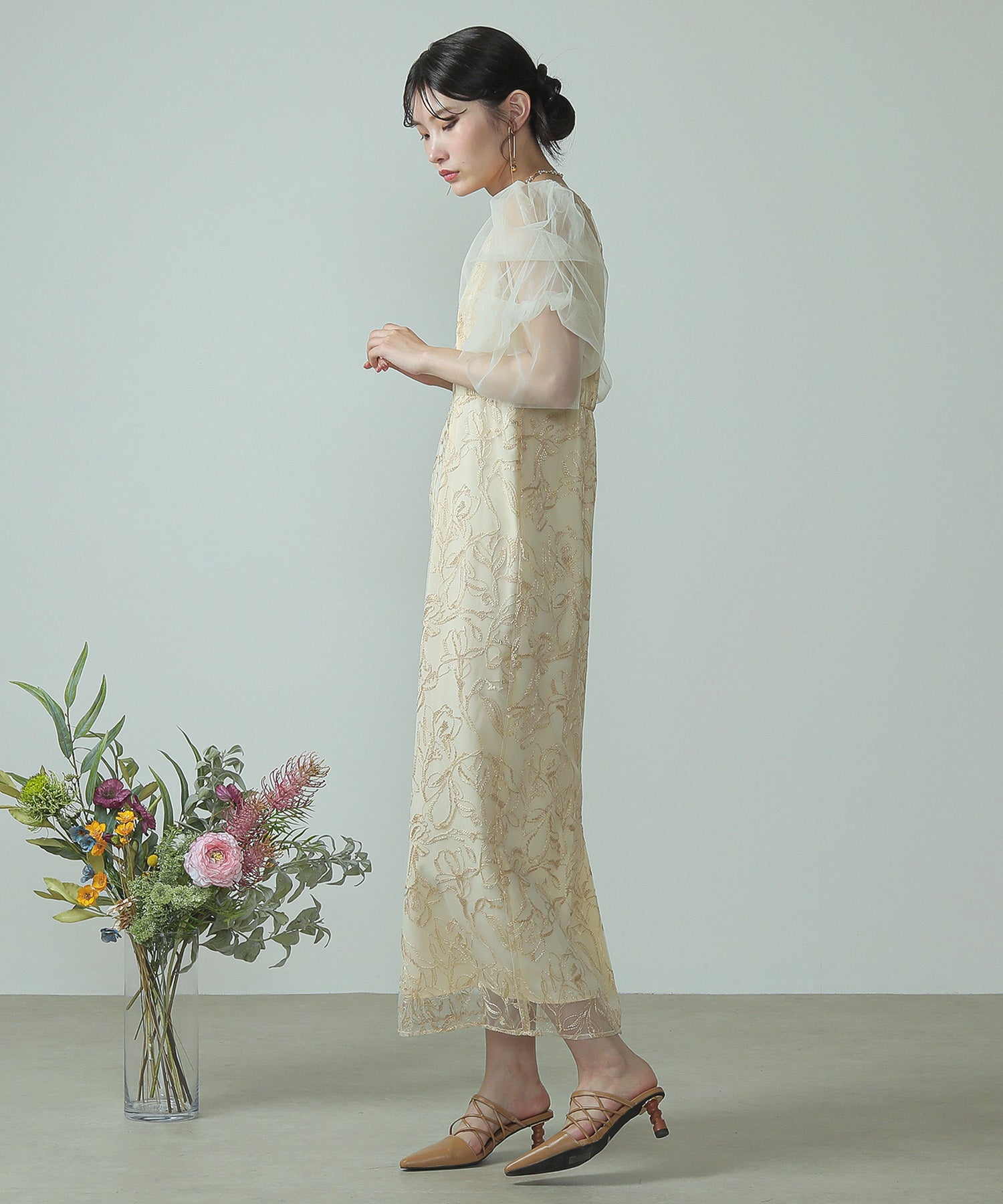 刺繍レース チュールスリーブ パーティードレス