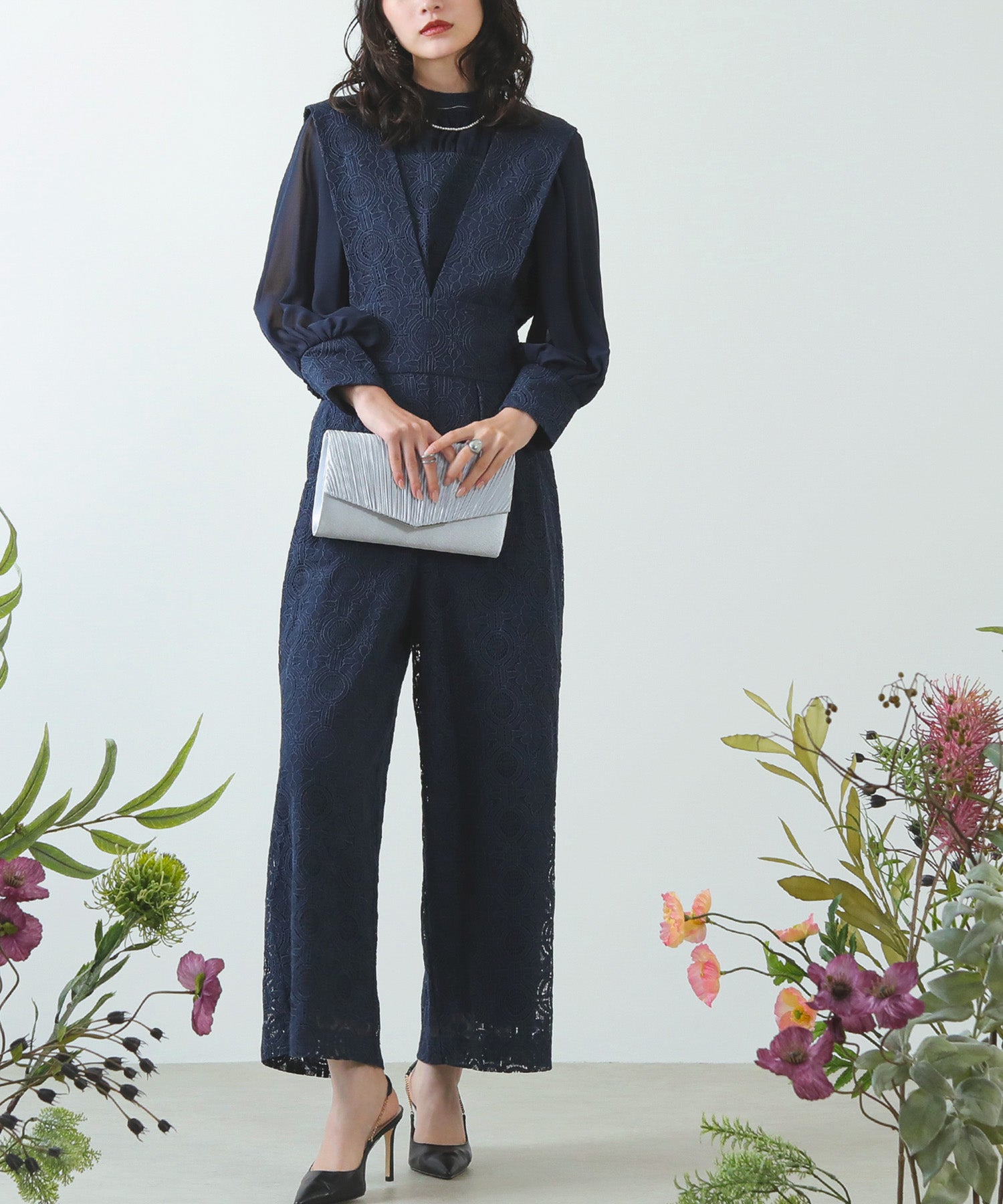 幾何学柄 レース セットアップ パンツ オケージョンドレス