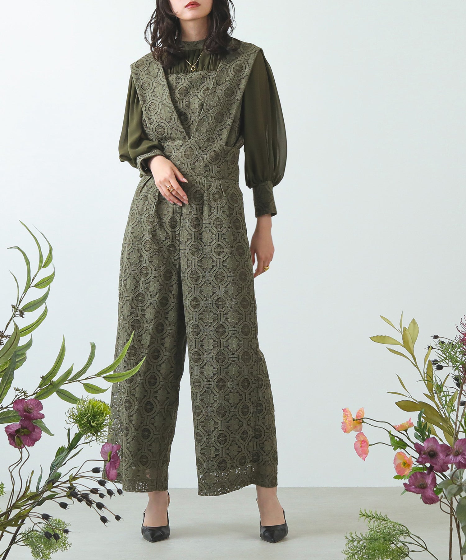 幾何学柄 レース セットアップ パンツ オケージョンドレス