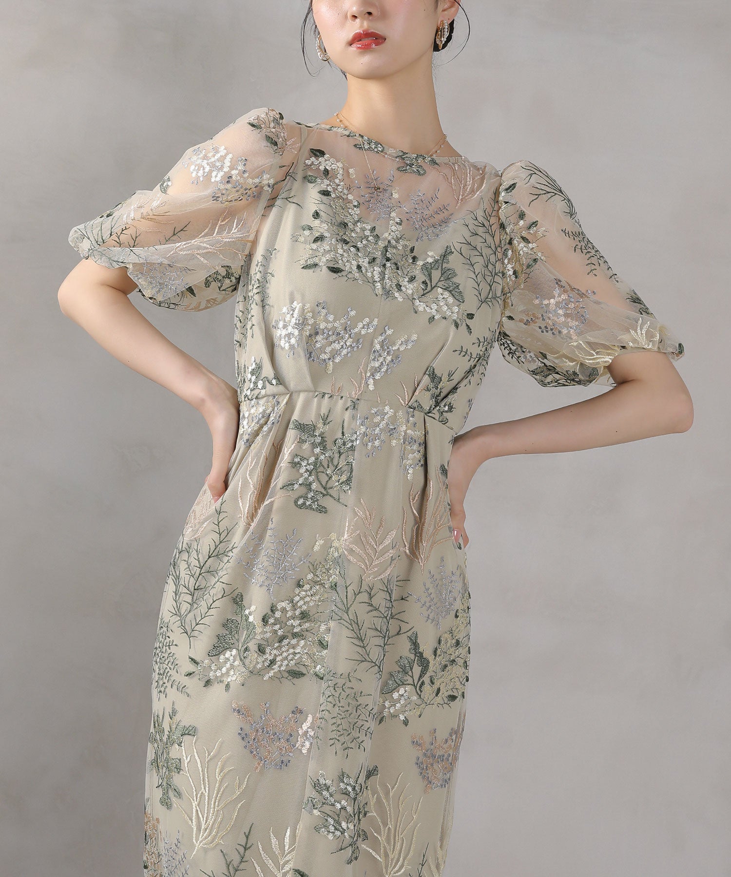 ボタニカル 刺繍 パフスリーブ ワンピース