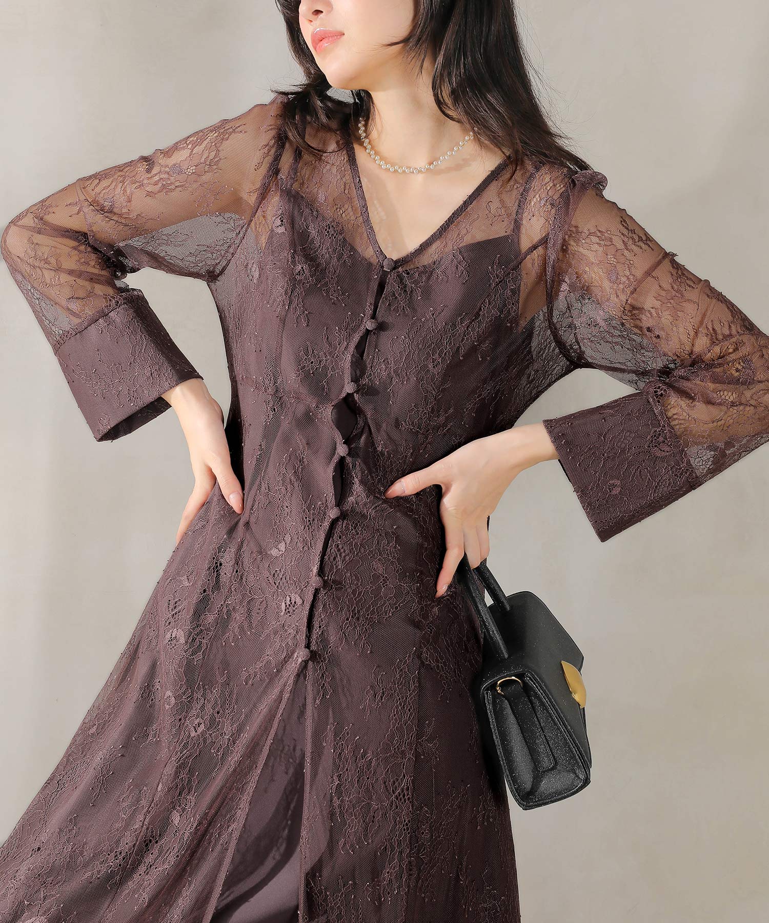 総レース ティアード Aライン ワンピースドレス