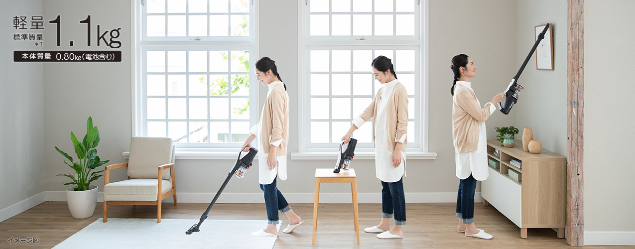 特長：軽量1.1kg&強力パワー ： スティッククリーナー（コードレス式