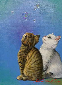 八代亜紀絵画 猫と紙ふうせん 木製フレーム付 八代亜紀絵画 猫と紙