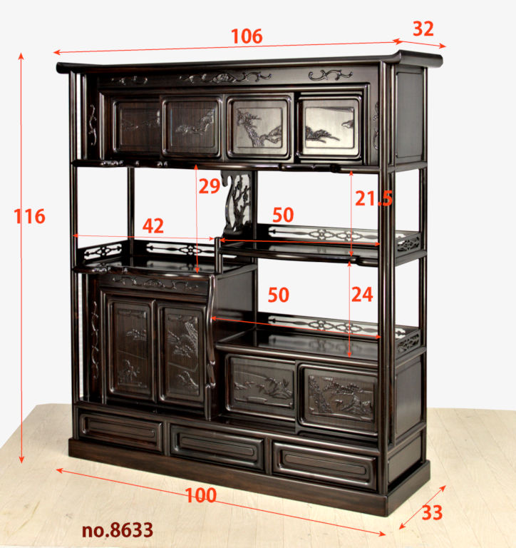 飾り棚:黒檀 8枚戸 筆返し 3.8尺棚 (これから仕上げ品) no.8633 / 唐木