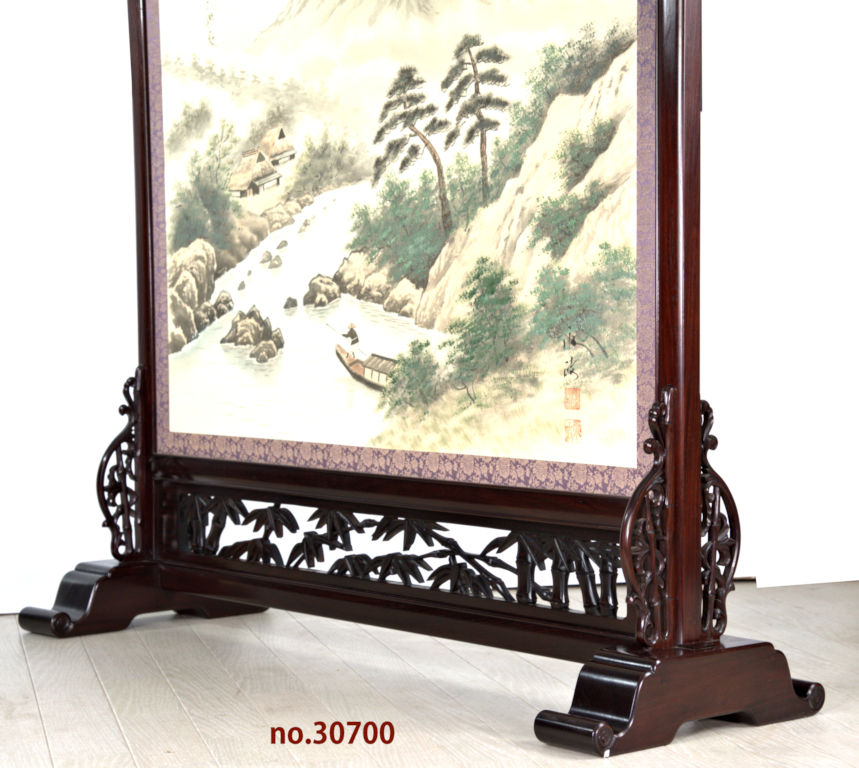 衝立: 紫檀 三原作 山水襖絵 裏金砂子 大阪唐木指物 no.30700 / 唐木