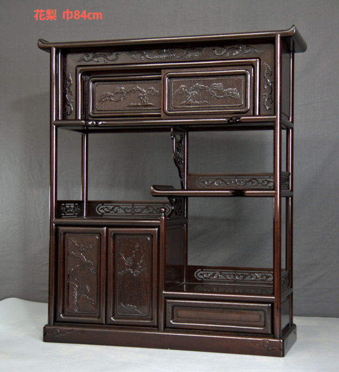 飾り棚: 花梨 筆返し大引き2枚戸2.5尺棚 no.8601 / 唐木家具OSAKA