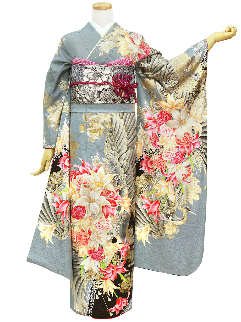 藍ねずに鶴と薔薇、百合の振袖／トールサイズ | 宅配着物レンタルの