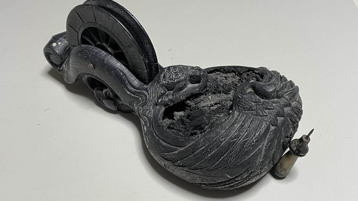 大型 彫辰作 鶴亀彫 親子亀 墨壺 墨つぼ 墨壷 置物 木製 在銘 大工道具