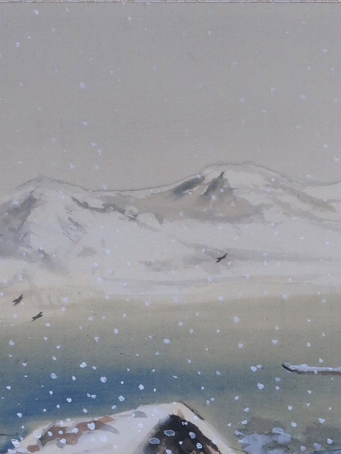 彦根旦雪図】森月城 1004 彦根城 雪景 共箱 掛け軸 肉筆 彦根旦雪図