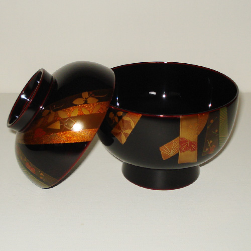 輪島塗 雑煮椀 布袋形 蓋付き -熨斗の蒔絵仕上げ- [内外とも黒タメ色