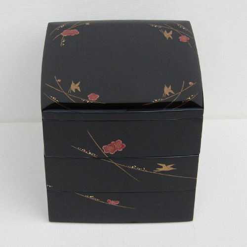 MB33】輪島塗 宗水堂 木瓜家紋 蓋三枚 五段重 7.5寸重箱 黒内朱 木製