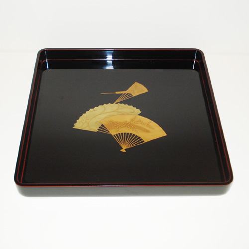 輪島塗 角盆 (大) -扇面の蒔絵仕上げ- [内面黒タメ色/外面黒色]｜輪島