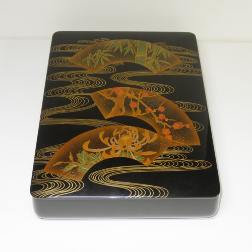 輪島塗 文箱(文庫) -流水扇面蒔絵に竹、梅、菊の高蒔絵仕上げ- [内外面