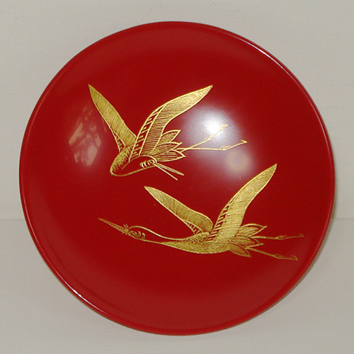 美品、輪島漆器・輪島塗本舗・【二羽の鶴】名工正望刻、輪島塗金箔