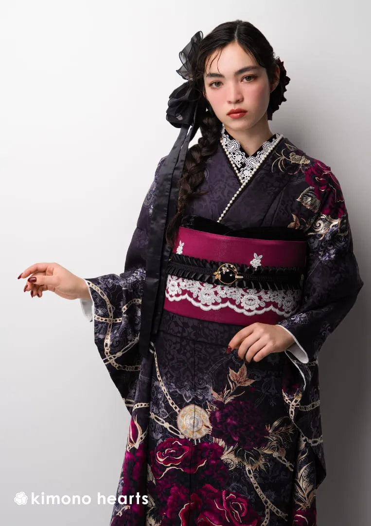 振袖ネットレンタル：パンクゴシック】妖しく魅惑的な黒色振袖/KH-572